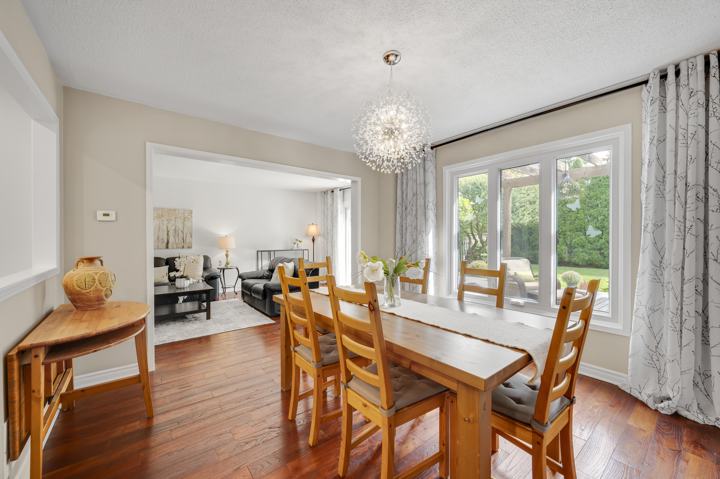 Dining room with backyard views